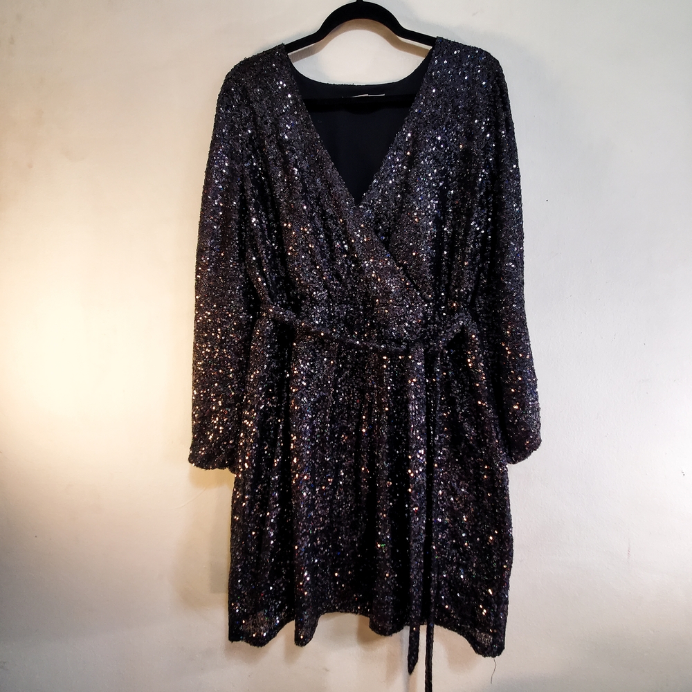 LOFT Black Sequin Wrap Dress with Dolman Sleeves